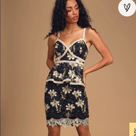 Lulus Dresses & Skirts - Lulus Karina Black and Blue Embroidered Peplum Dress